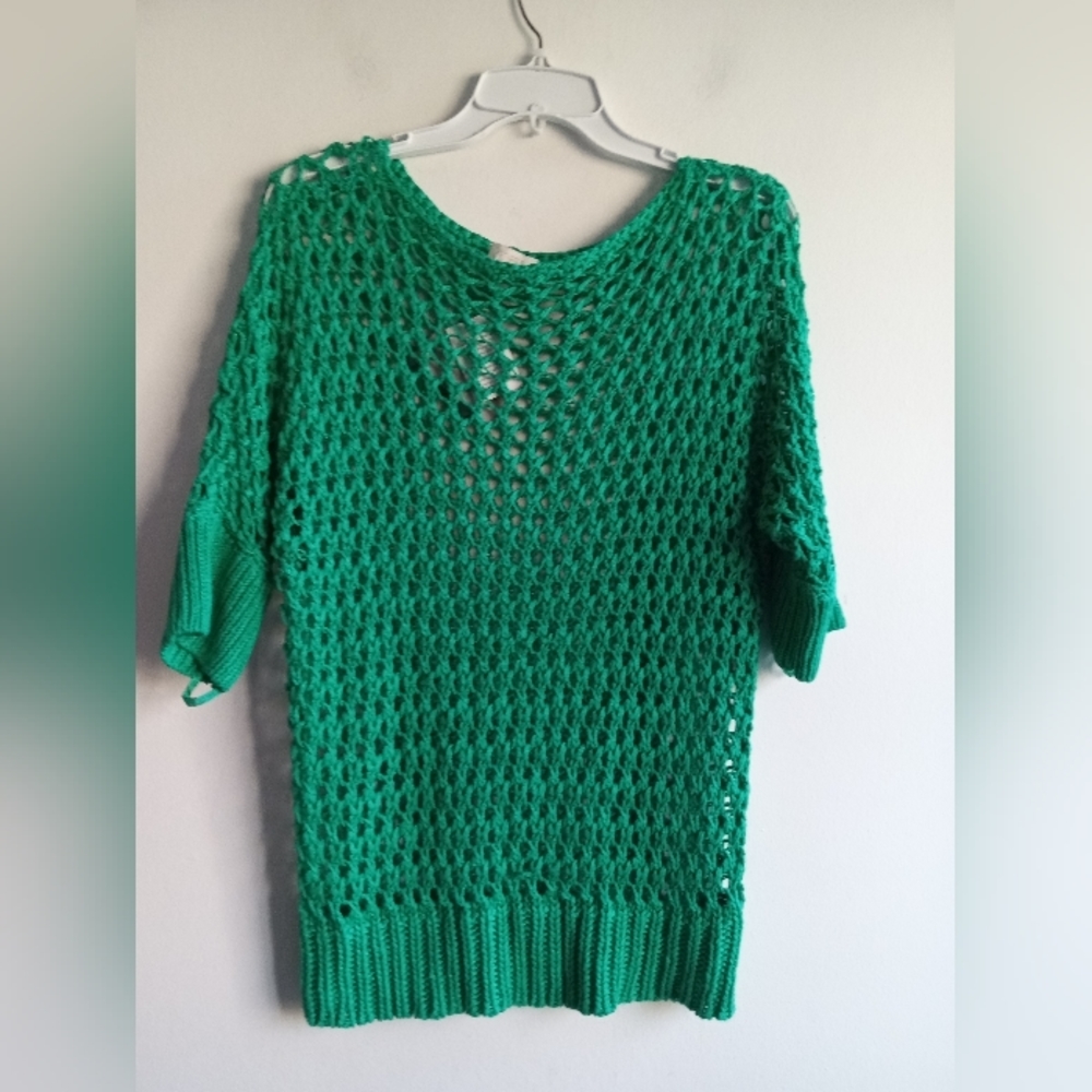 Chico's Open Crochet Yarn Knit Linen Blend Pullover Sweater sz 2 or US Large